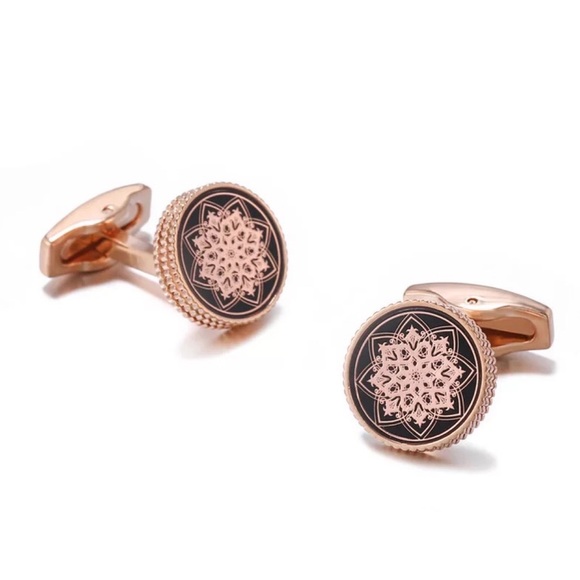 Elegant Laser Cut Floral Black and Rose Gold Round Cufflinks - Picture 3 of 16
